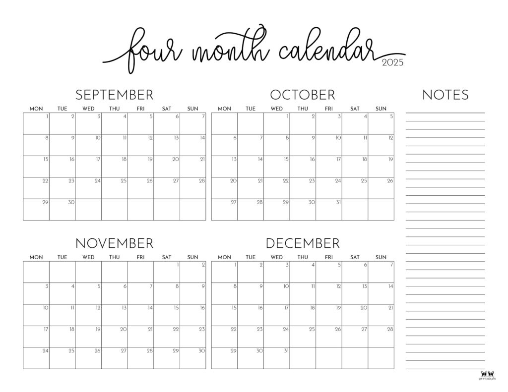 2025 Four Month Calendars - 31 Free Printables | Printabulls for October November December 2025 Calendar Printable Free