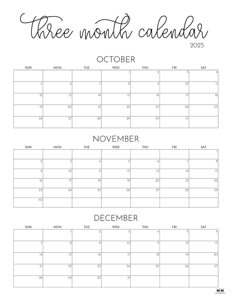 2025 Three Month/Quarterly Calendars - 36 Free Cals | Printabulls inside Printable 3 Month Calendar October November December 2025