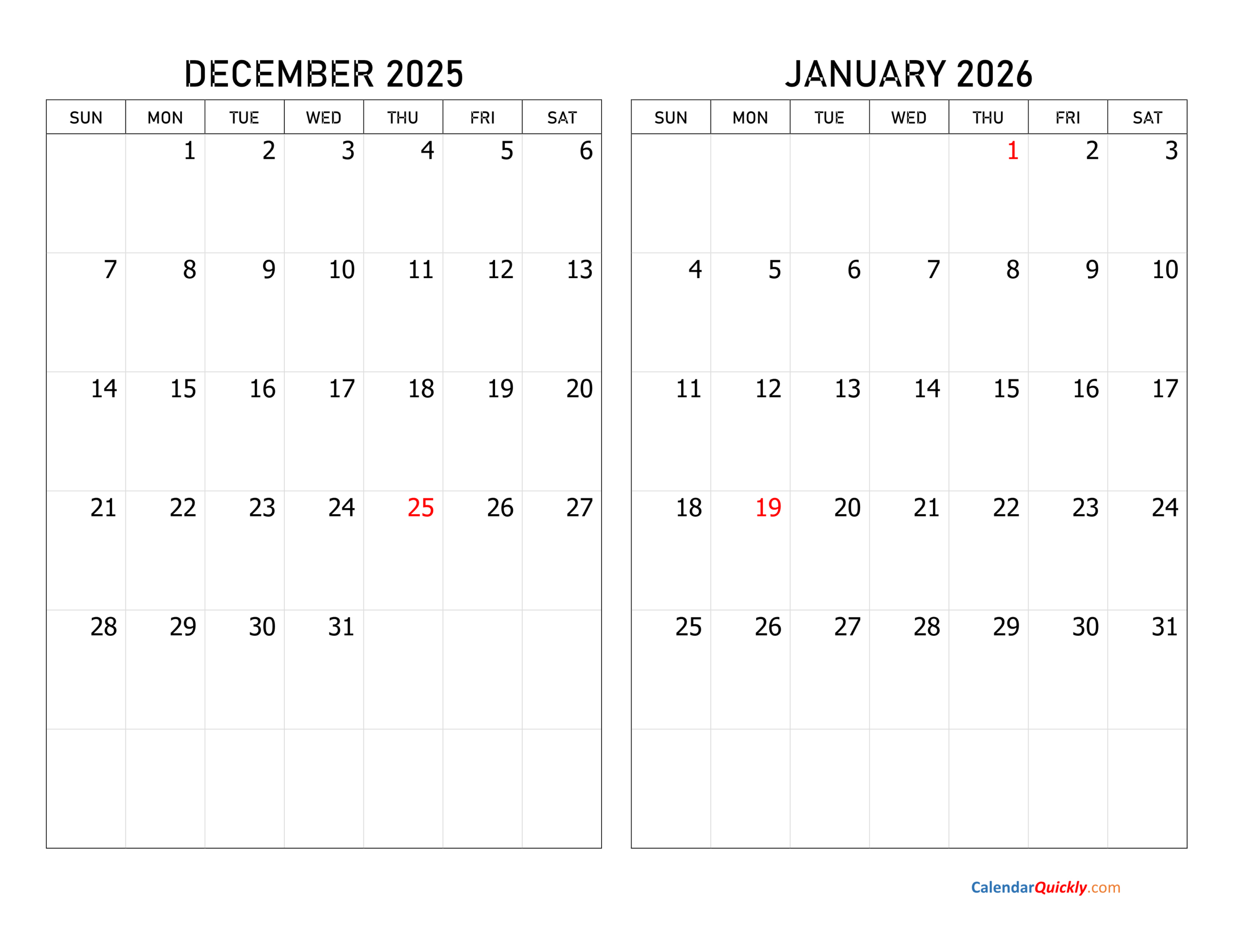 December 2025 And January 2026 Calendar | Calendar Quickly pertaining to December 2025 January 2026 Printable Calendar