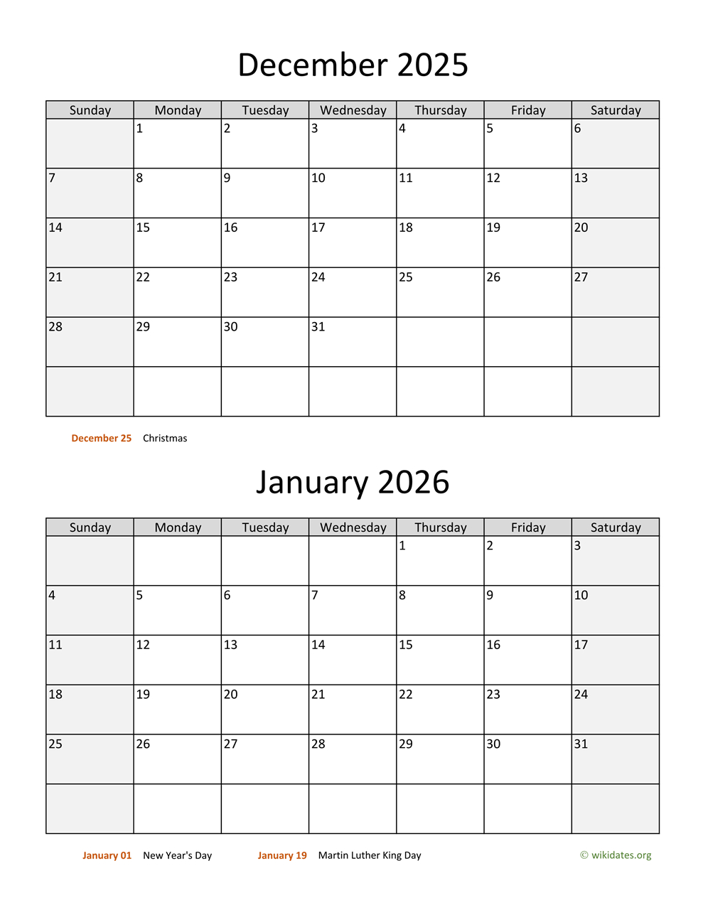December 2025 And January 2026 Calendar | Wikidates in January to December 2025 Calendar Printable