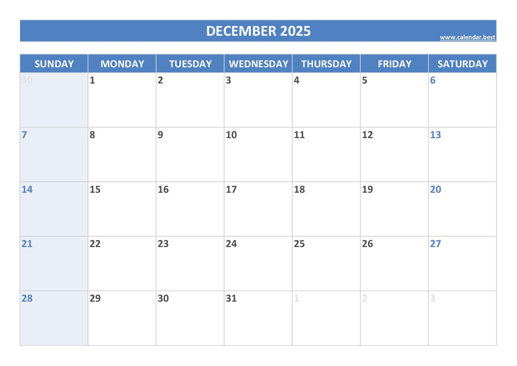 December 2025 Calendar -Calendar.best in Free Printable December 2025 Calendar