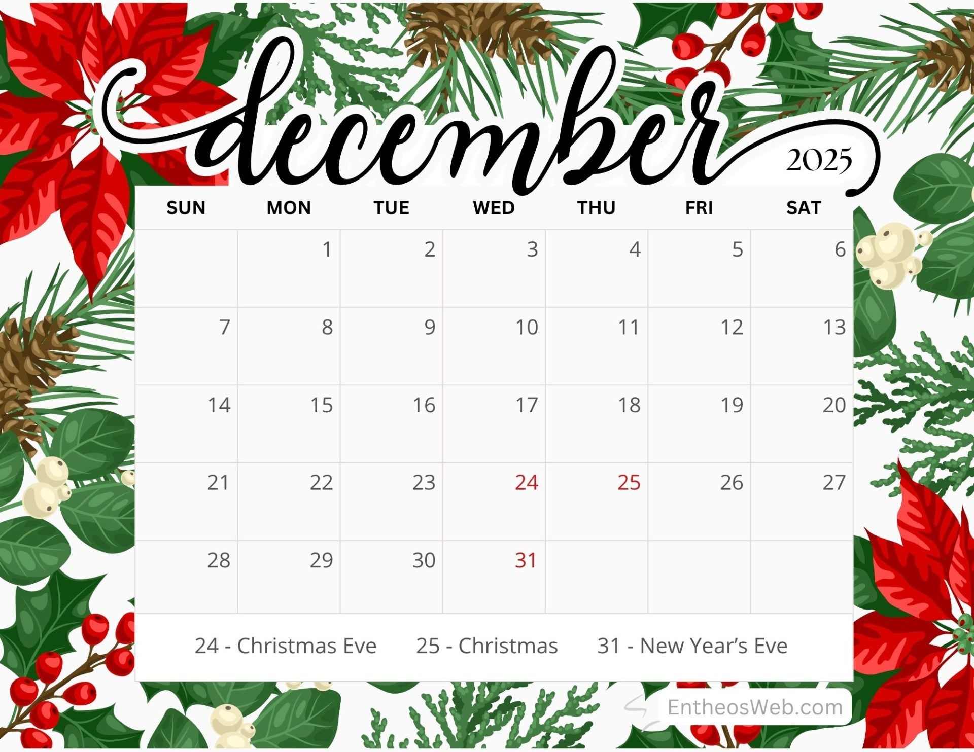 December 2025 Calendar Free Pdf Printables | Entheosweb throughout December 2025 Calendar Printable Free