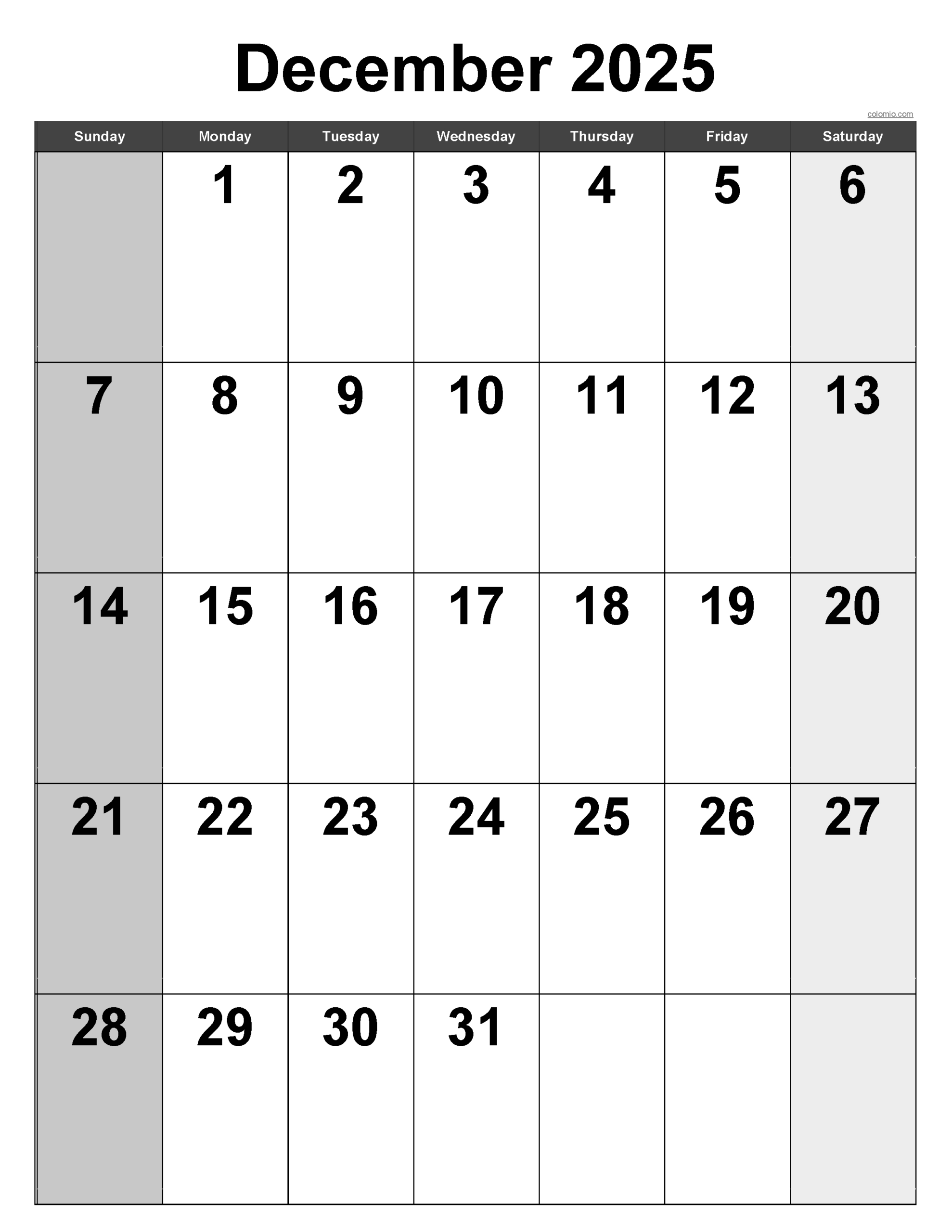 December 2025 Calendar | Free Printable Pdf, Xls And Png inside December 2025 Calendar Printable Vertical