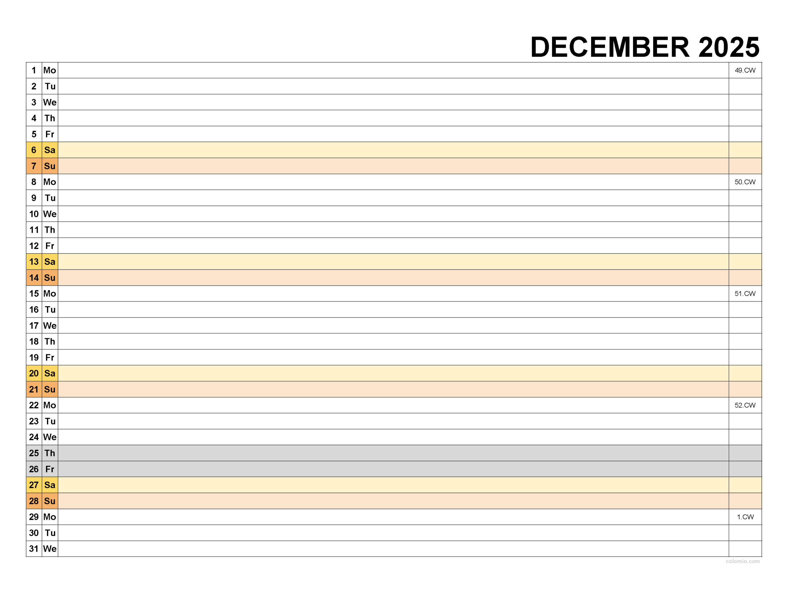 December 2025 Calendar - Free Printable Pdf, Xls And Png | Www intended for December 2025 Calendar With Lines Printable