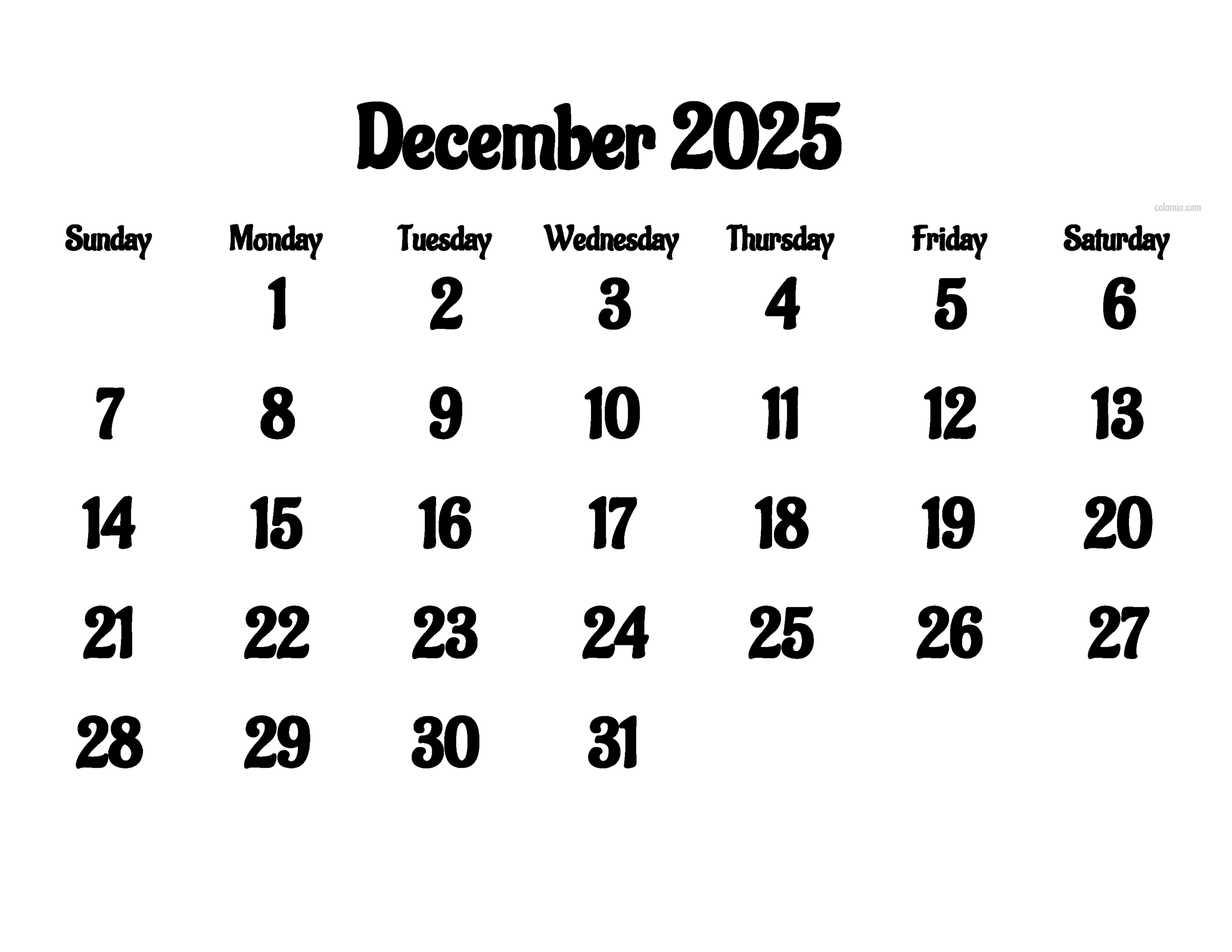December 2025 Calendar - Free Printable Pdf, Xls And Png | Www intended for Free Printable December 2025 Calendar Numbers