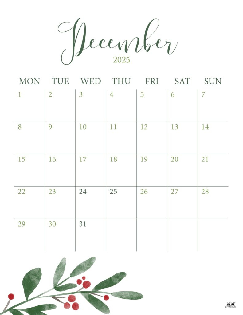 December 2025 Calendars - 107 Free Printables | Printabulls for December 2025 Vertical Calendar Printable