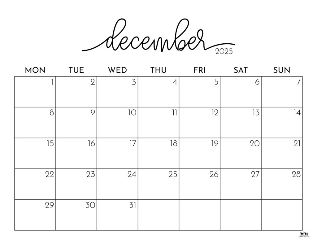 December 2025 Calendars - 107 Free Printables | Printabulls intended for December 2025 Calendar Printable