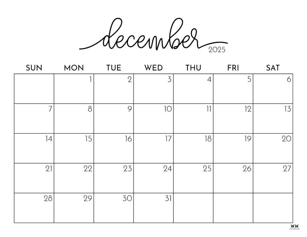 December 2025 Calendars - 107 Free Printables | Printabulls pertaining to December 2025 Calendar Numbers Printable