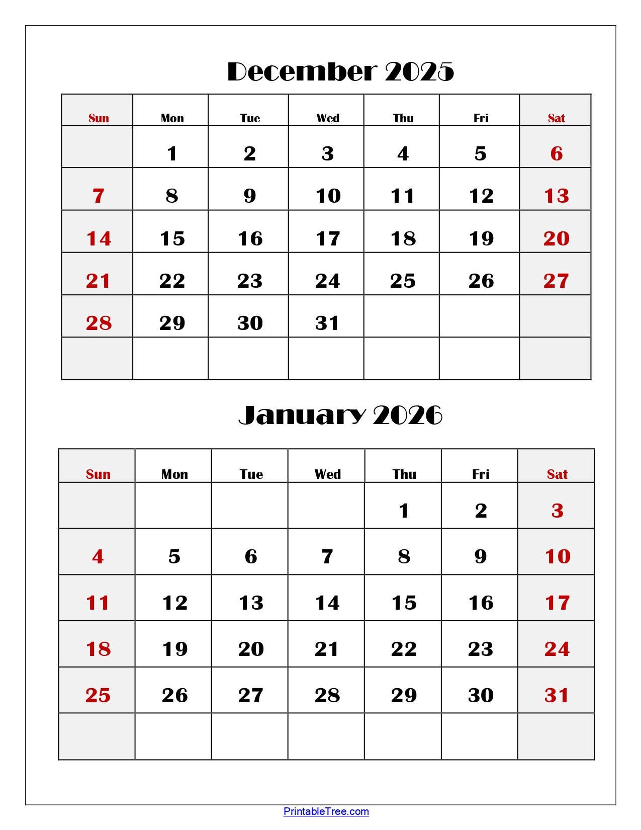 December And January 2026 Calendar Printable Pdf | Two Months Calendar with Printable December 2025 and January 2026 Calendar