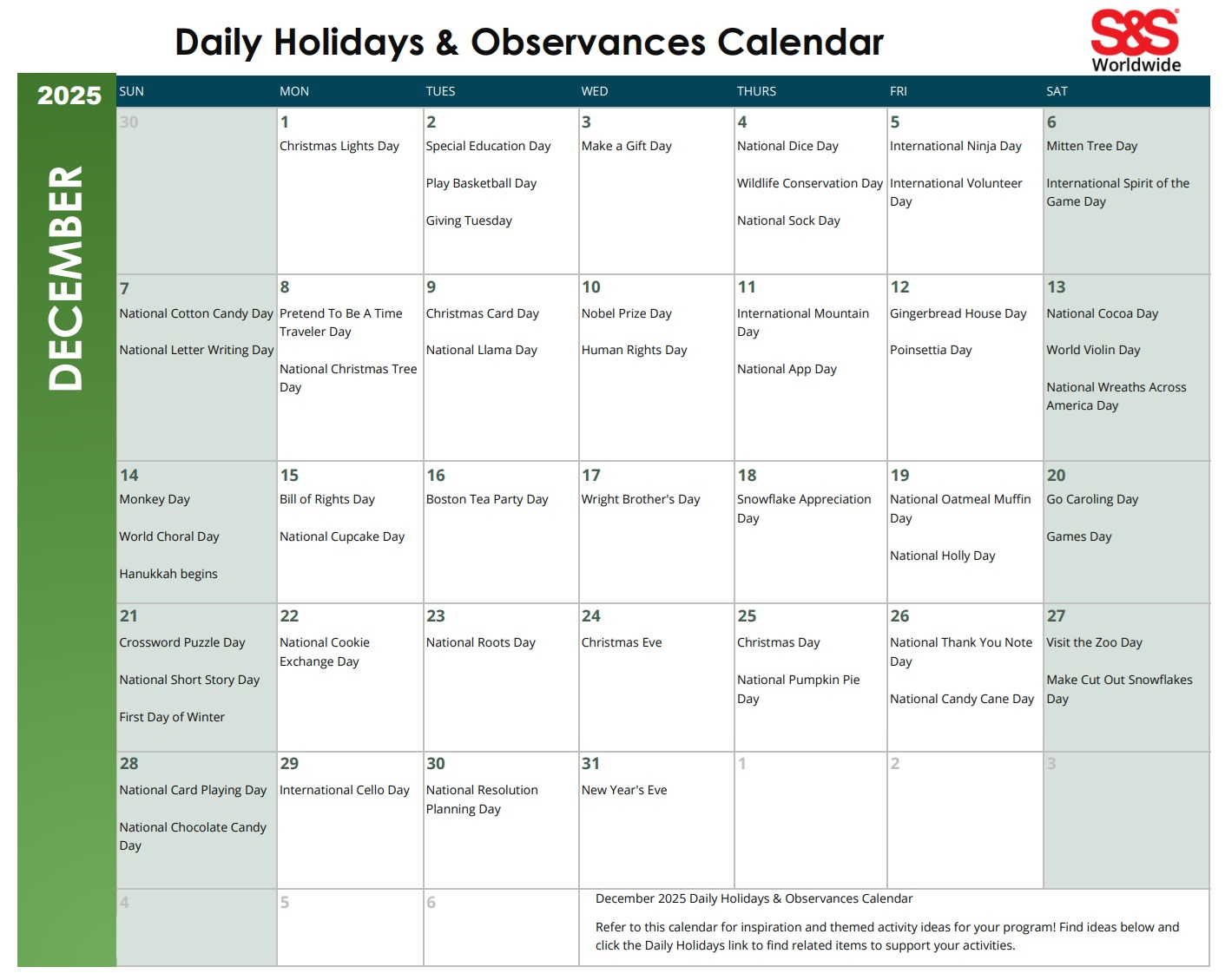 December Daily Holidays & Observances Printable Calendar - S&S Blog with regard to December 2025 Daily Calendar Printable