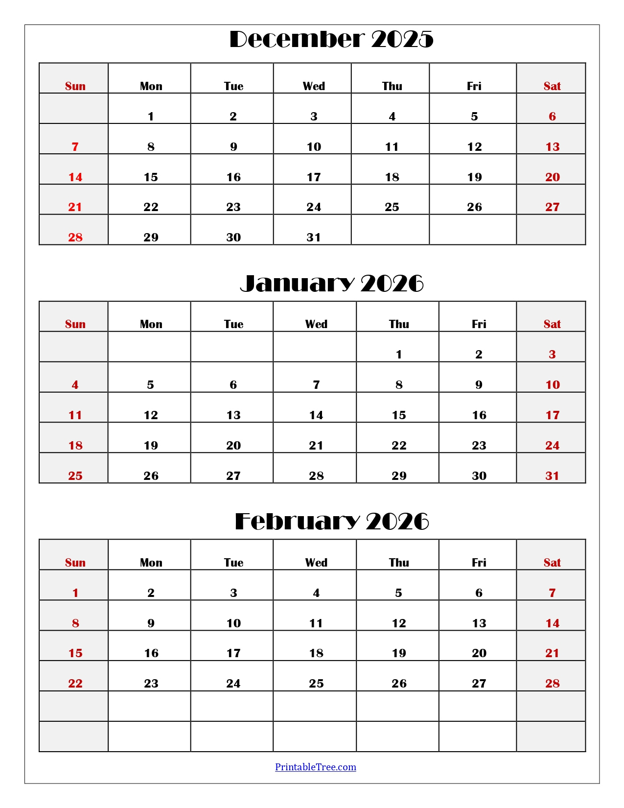 December To February 2026 Calendar Printable Pdf | Three Months for December 2025 January February 2026 Calendar Printable