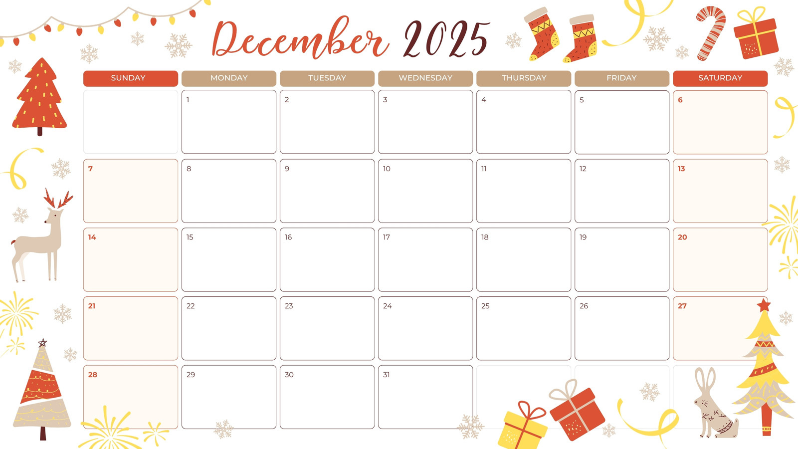 Free, Printable December 2025 Calendar Templates | Canva throughout December 2025 Christmas Calendar Printable