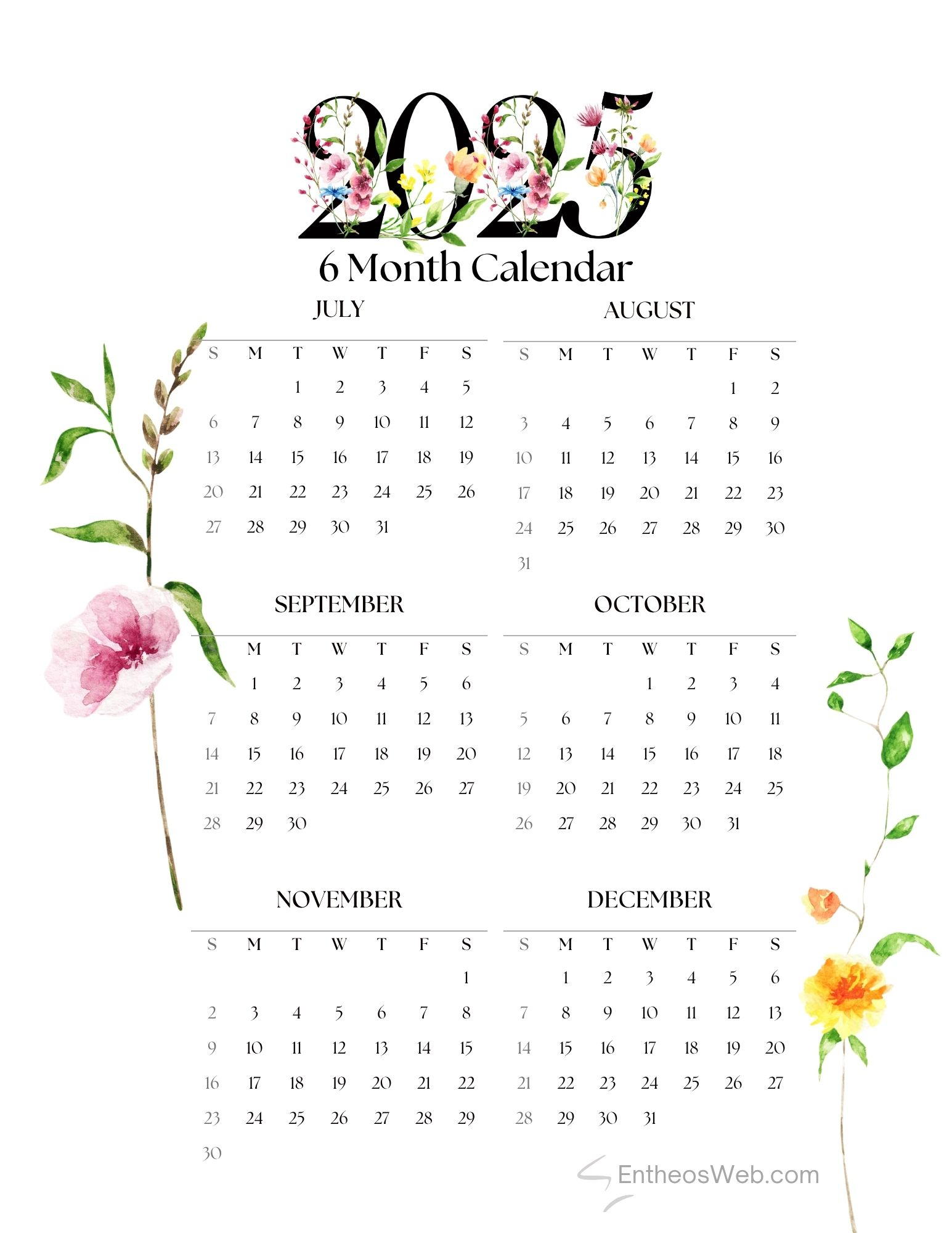 July To December 2025 – 6 Month Calendar Printable | Entheosweb for July to December 2025 Calendar Printable