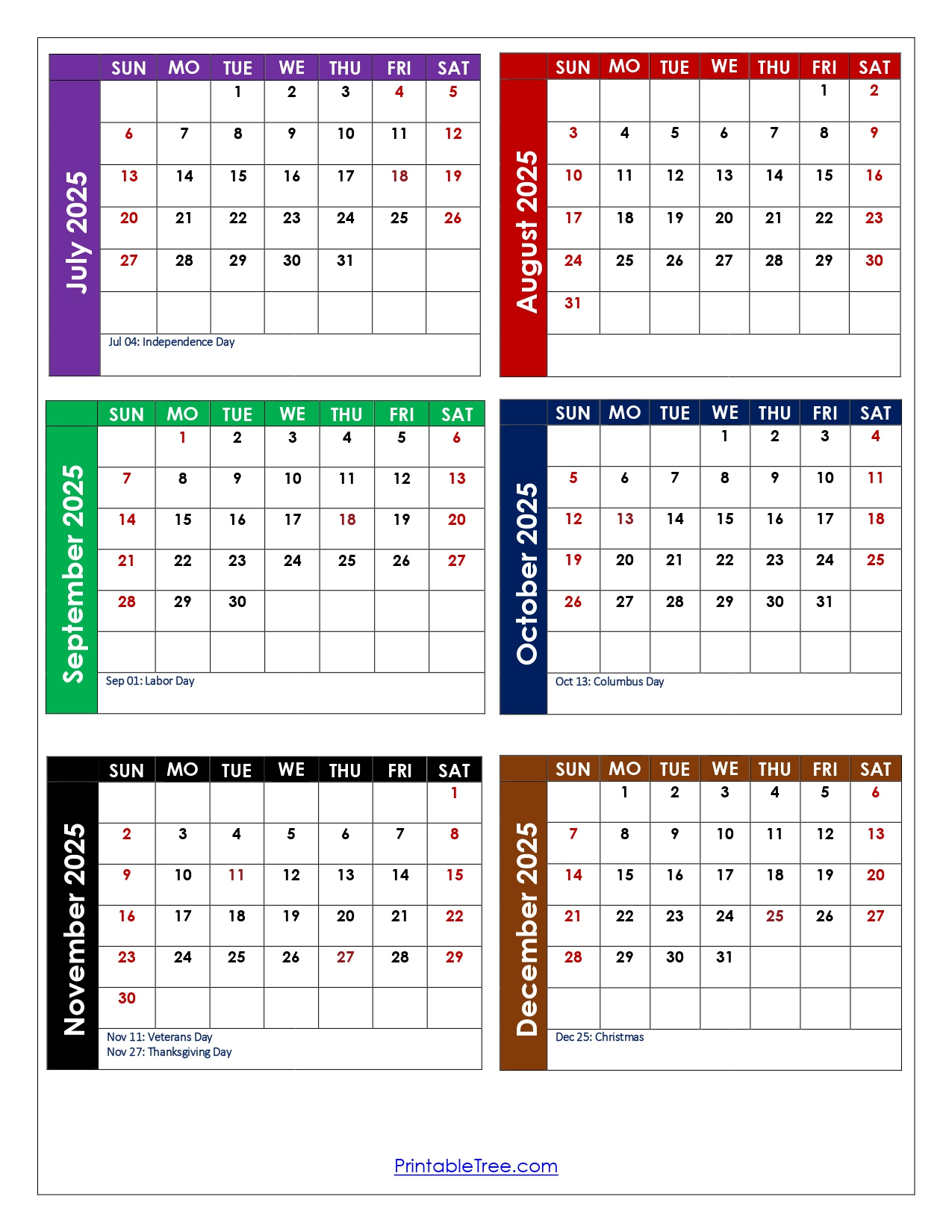 July To December 2025 Calendar Printable Pdf | Six Months Calendar inside Printable Calendar August to December 2025