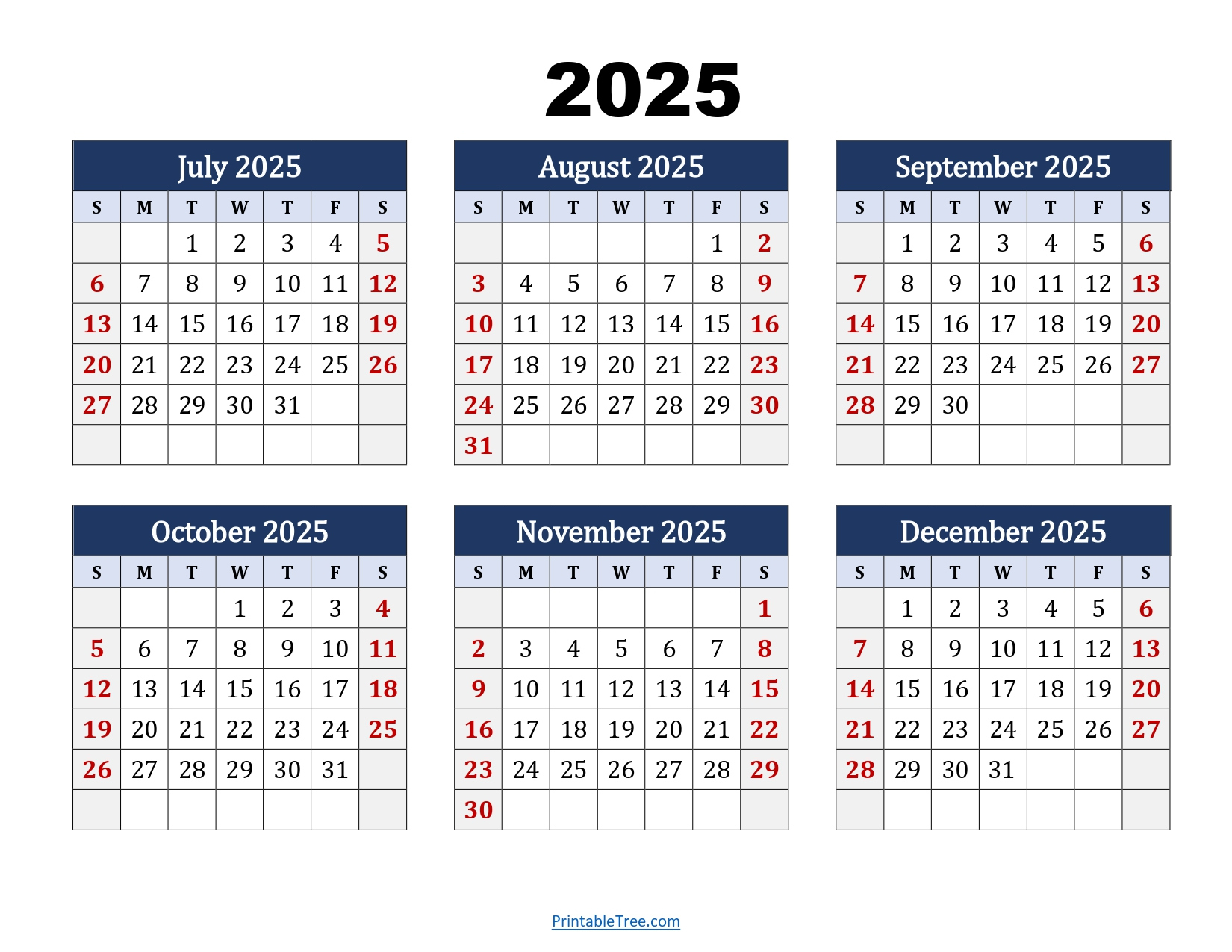 July To December 2025 Calendar Printable Pdf | Six Months Calendar intended for Printable Calendar July To December 2025