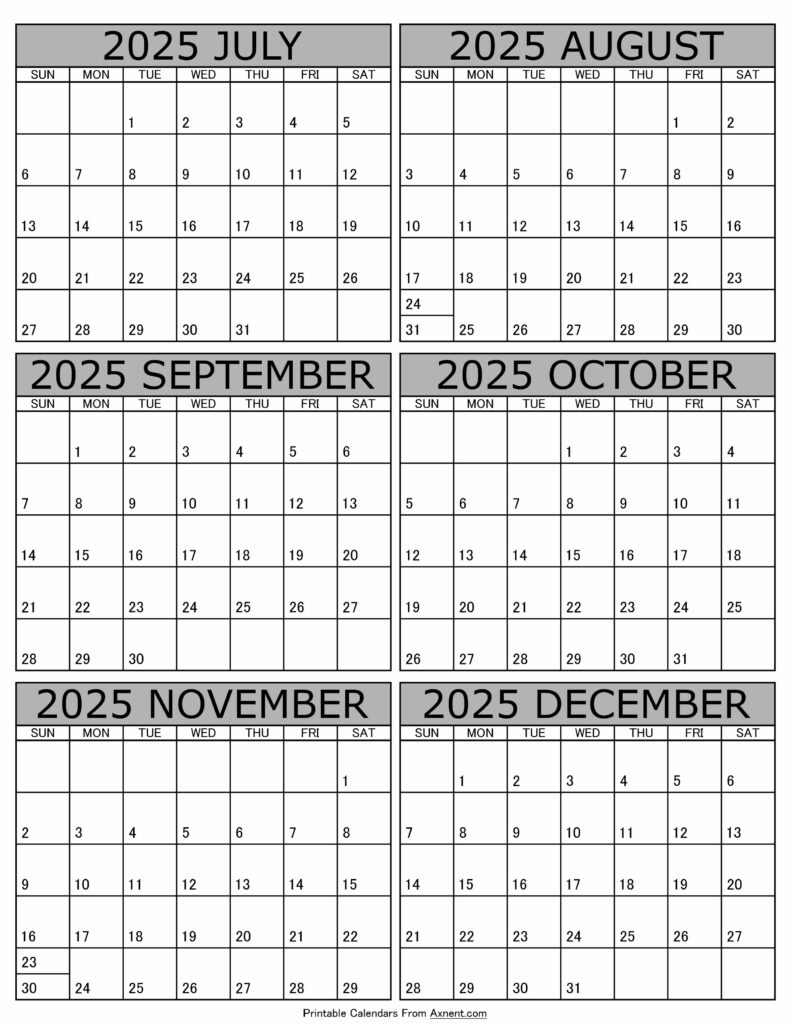 July To December 2025 Calendar Templates - Six Months with regard to Printable Calendar July to December 2025