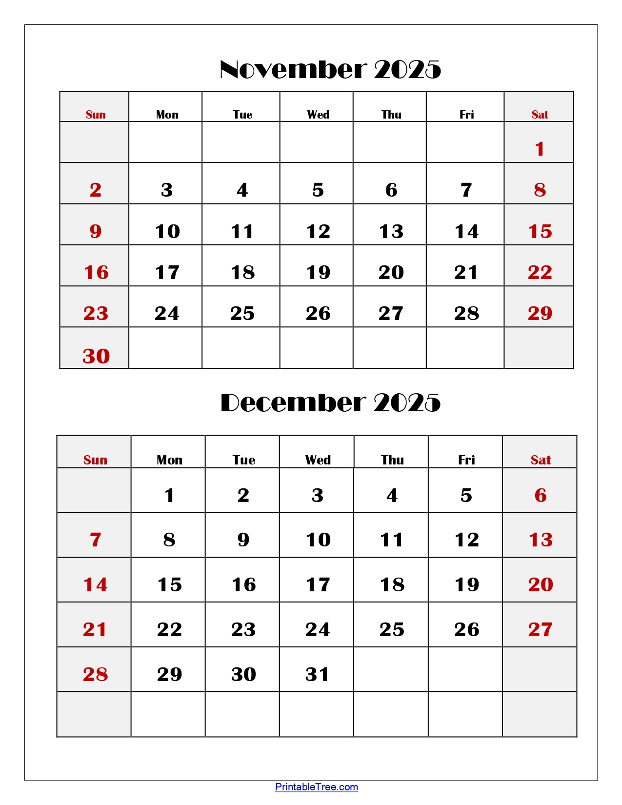 November And December 2025 Calendar Printable Pdf | Two Months inside November December 2025 Printable Calendar