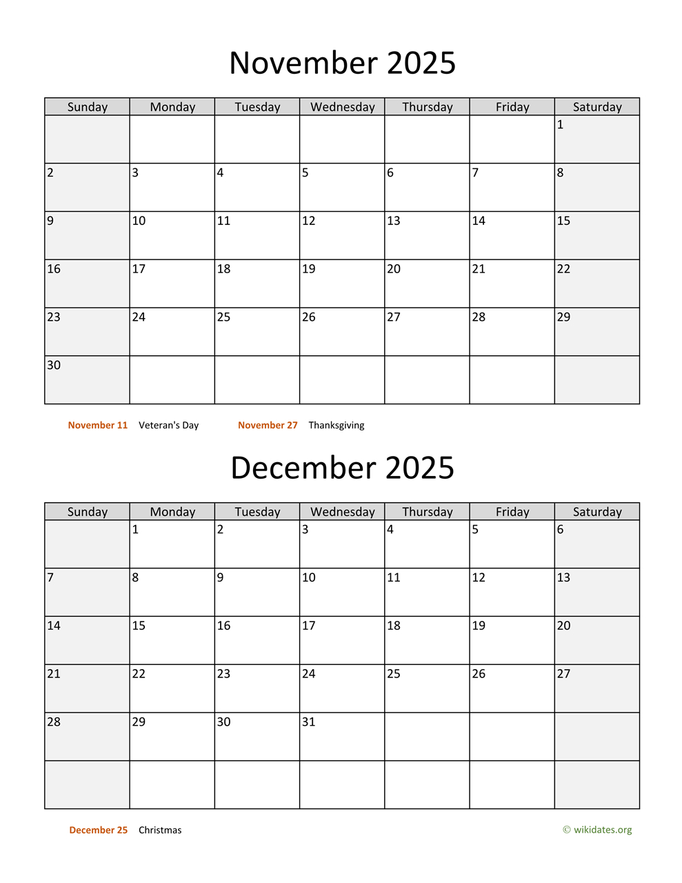 November And December 2025 Calendar | Wikidates intended for November And December 2025 Printable Calendar
