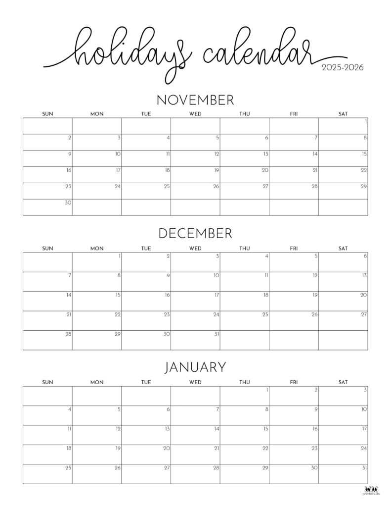 November December 2025 Calendars - 28 Printables | Printabulls for Printable 3 Month Calendar November December 2025 January 2026