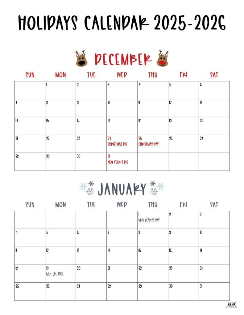 November December 2025 Calendars - 28 Printables | Printabulls regarding December 2025 January 2026 Calendar With Holidays Printable