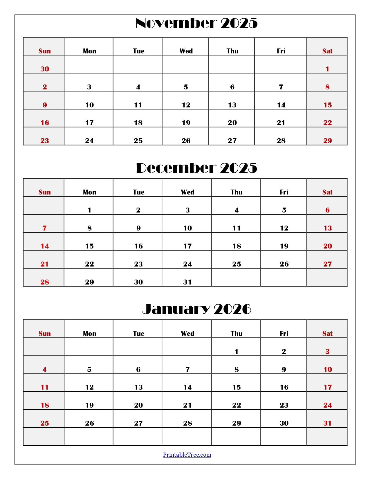 November To January 2026 Calendar Printable Pdf | Three Months within Printable 3 Month Calendar November December 2025 January 2026