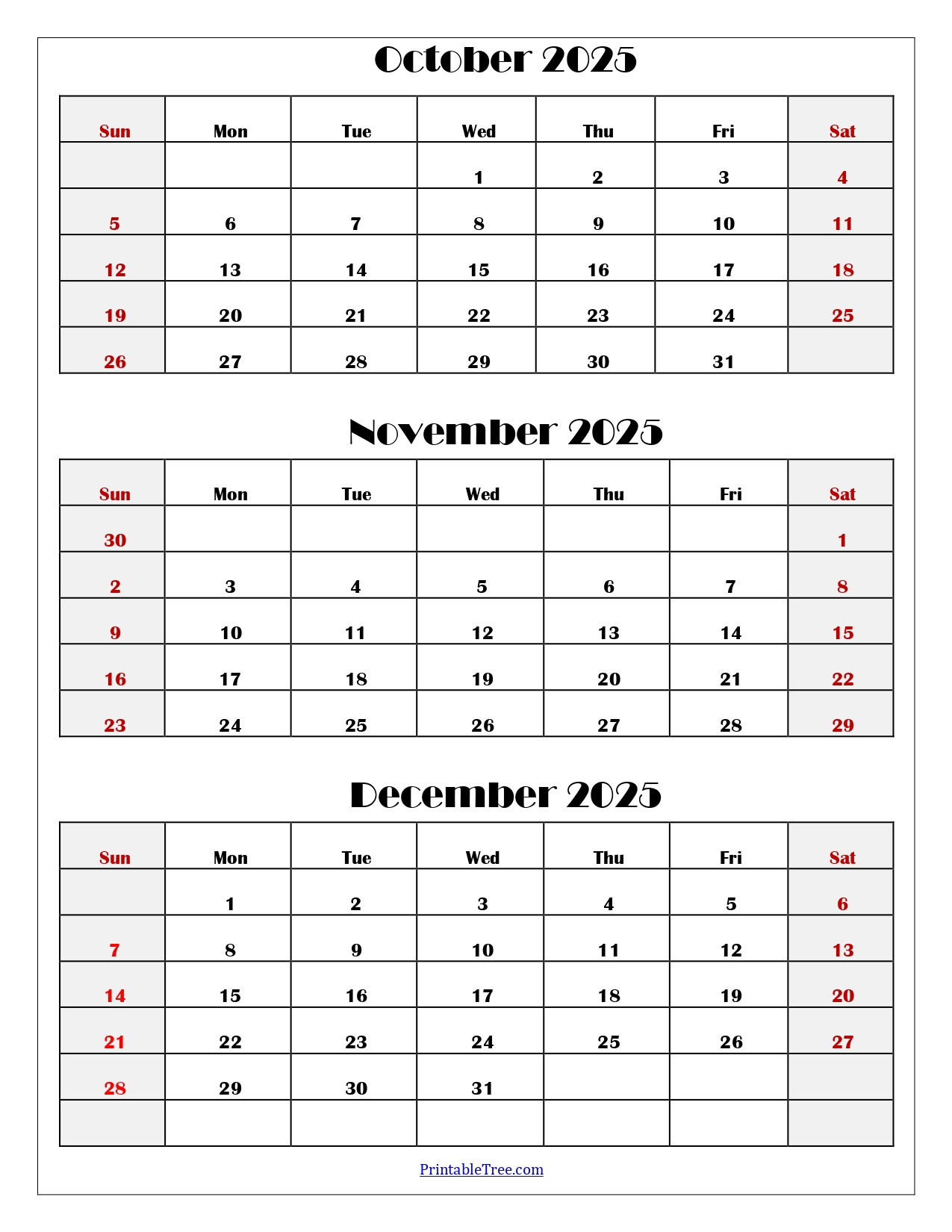 October To December 2025 Calendar Printable Pdf | Three Months intended for October December 2025 Calendar Printable