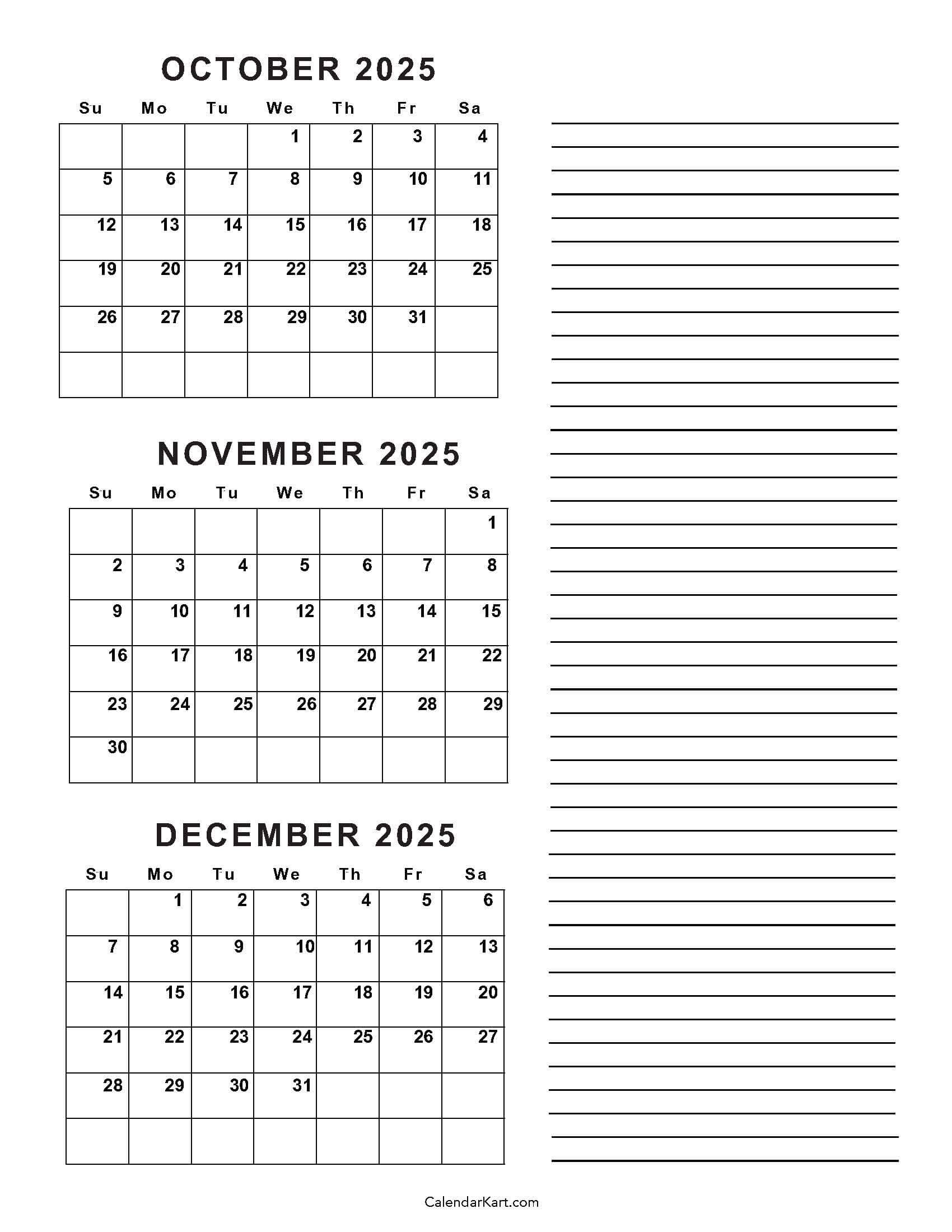October To December 2025 Calendar (Q4) - Calendarkart with regard to Printable Calendar 2025 October November December