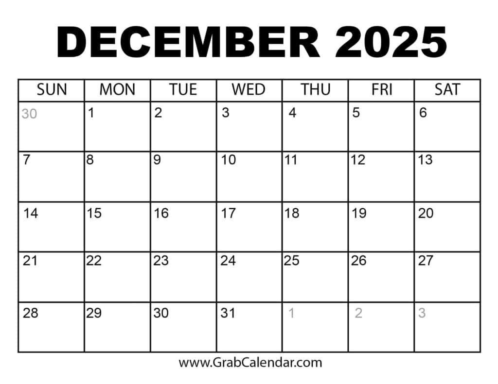 Printable December 2025 Calendar inside December 2025 Calendar Printable