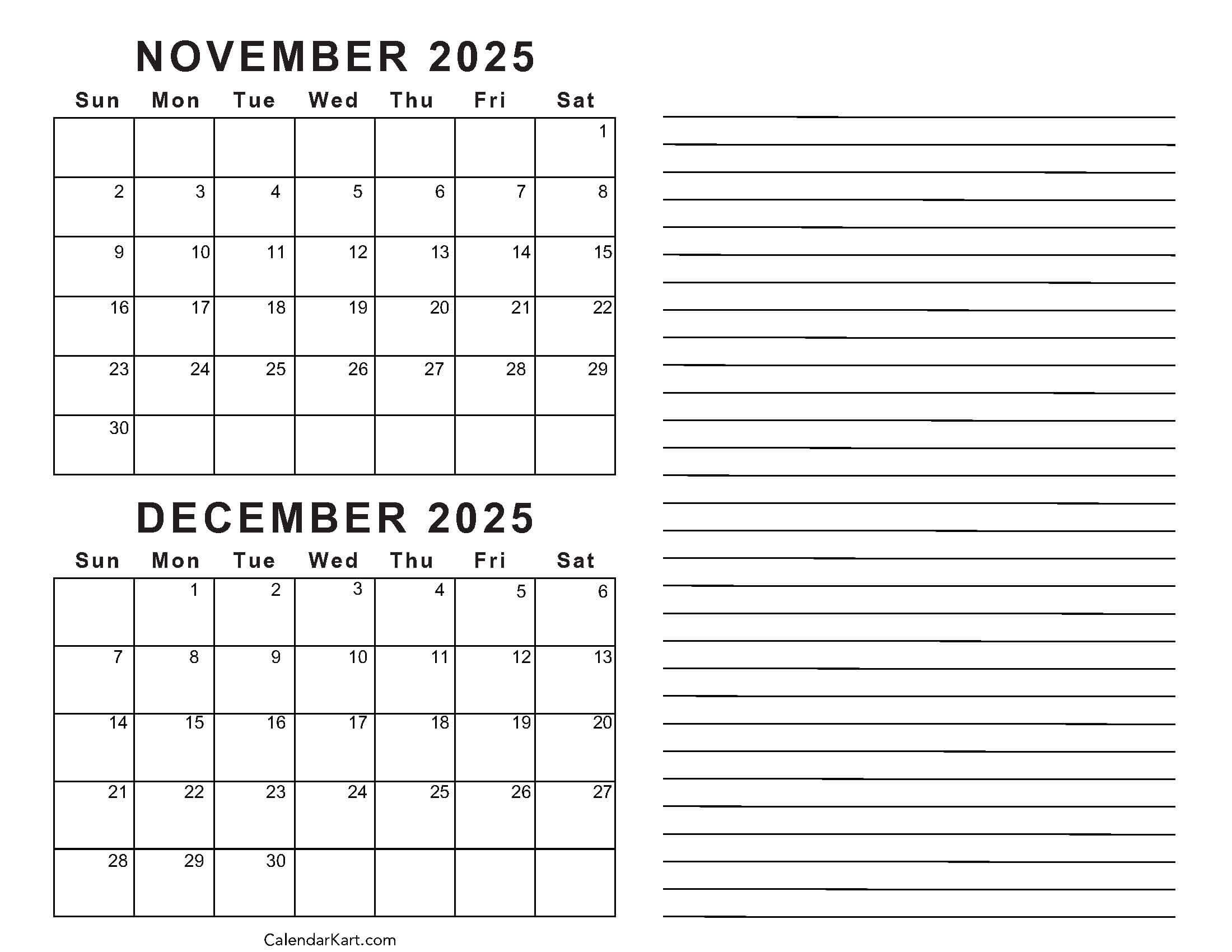 Printable November December 2025 Calendars | Calendarkart inside November December 2025 January Printable Calendar
