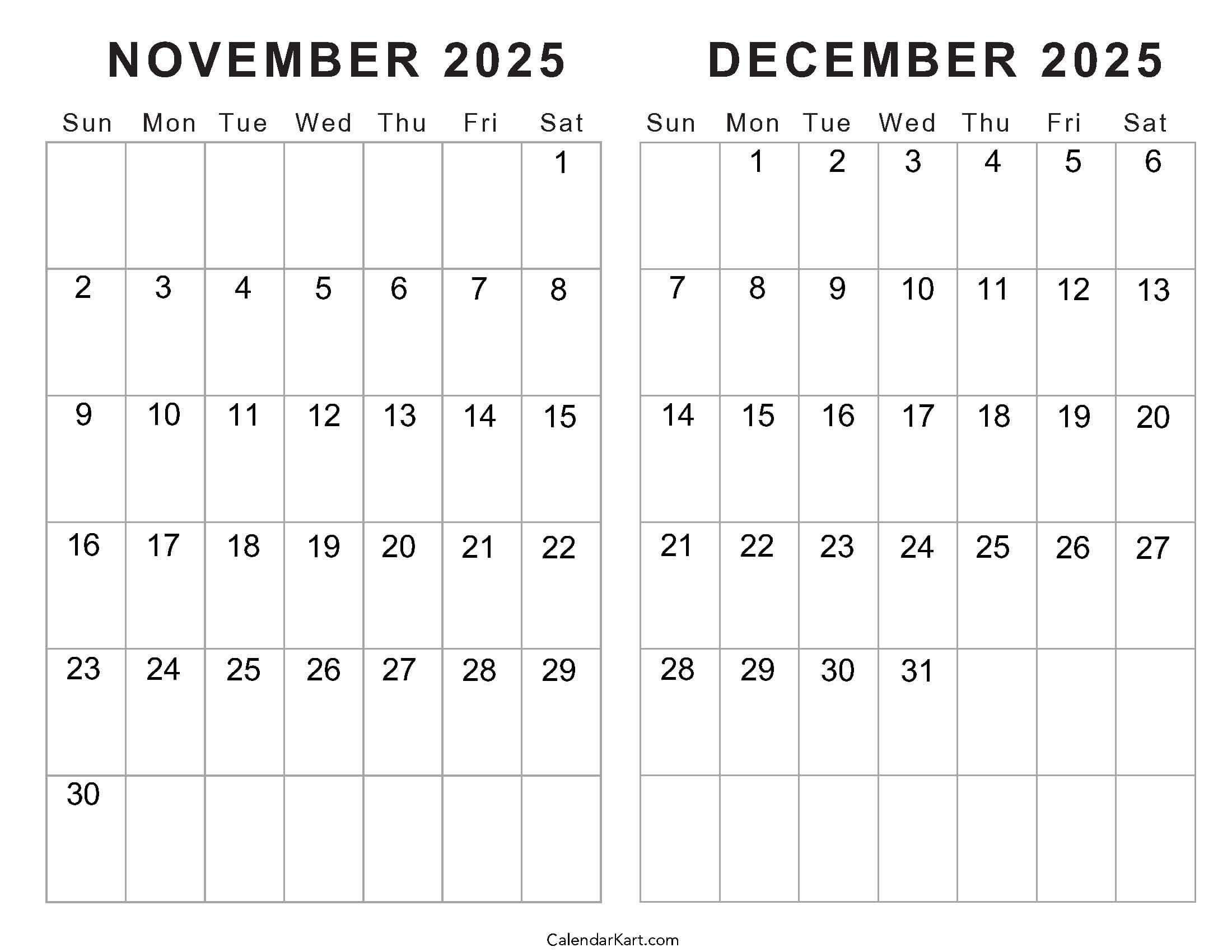 Printable November December 2025 Calendars | Calendarkart within Free Printable Calendar November And December 2025